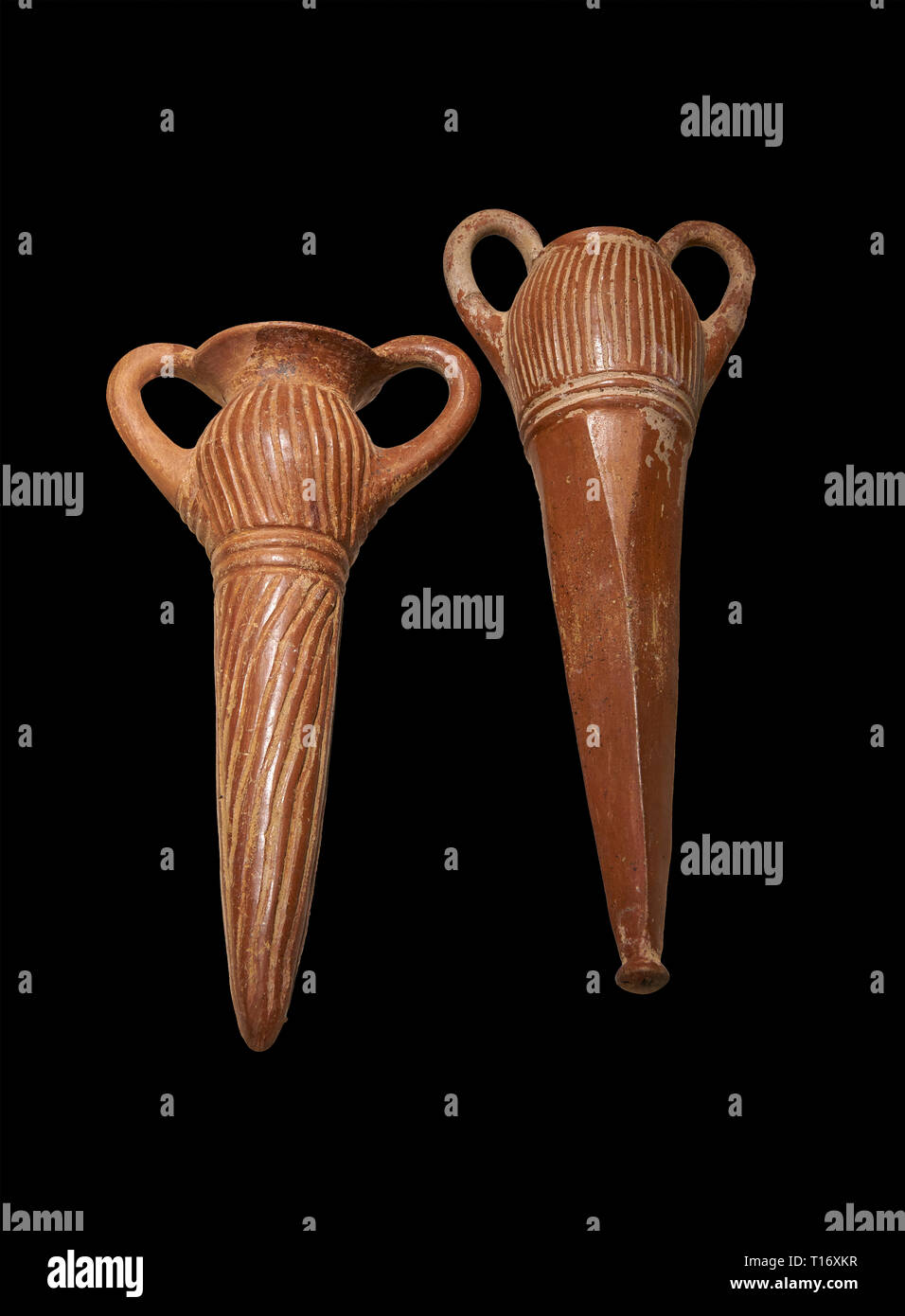 Bronze Age Anatolian terra cotta two handled beakers - 19th to 17th century BC - Kültepe Kanesh - Museum of Anatolian Civilisations, Ankara, Turkey.   Stock Photo
