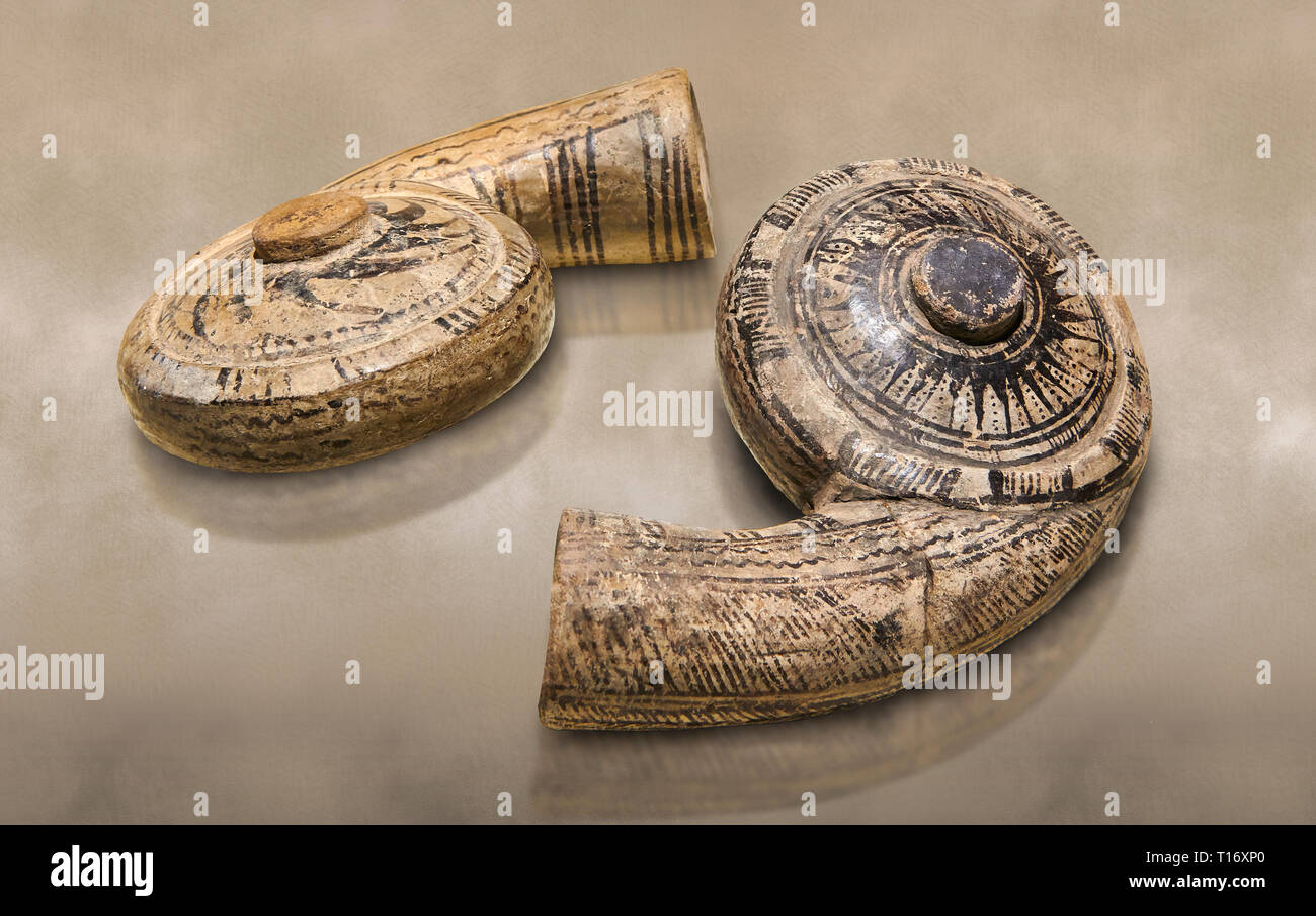 Two decorated terra cotta seashell shaped vessels found in the house of Assyrian trader, Elamma, at the second level of the Karum of Kultepe. - 19th t Stock Photo