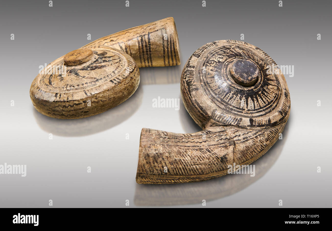 Two decorated terra cotta seashell shaped vessels found in the house of Assyrian trader, Elamma, at the second level of the Karum of Kultepe. - 19th t Stock Photo