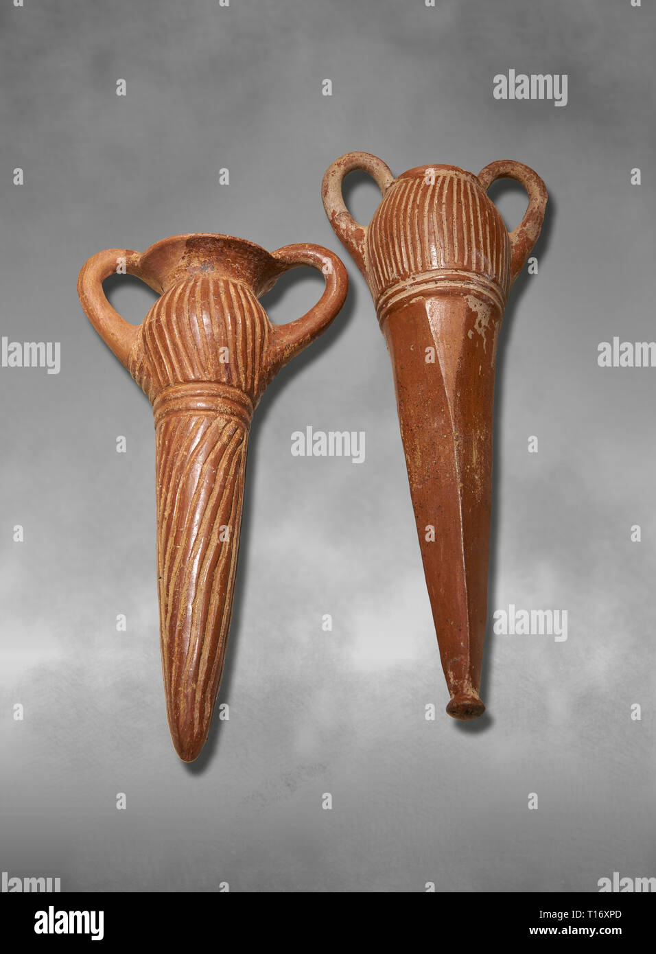 Bronze Age Anatolian terra cotta two handled beakers - 19th to 17th century BC - Kültepe Kanesh - Museum of Anatolian Civilisations, Ankara, Turkey. Stock Photo