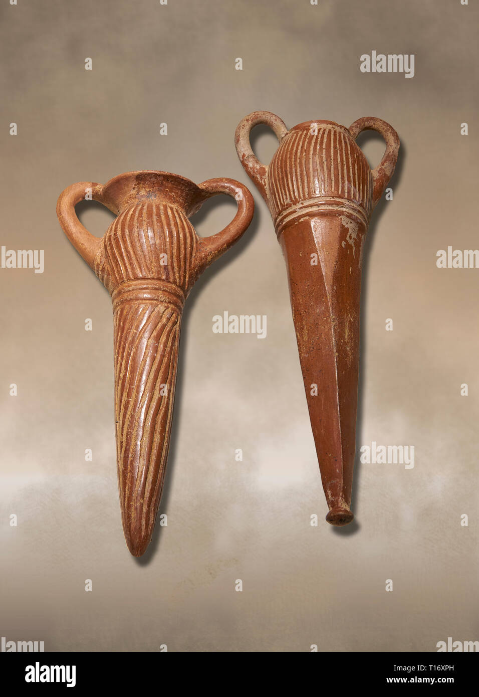 Bronze Age Anatolian terra cotta two handled beakers - 19th to 17th century BC - Kültepe Kanesh - Museum of Anatolian Civilisations, Ankara, Turkey.   Stock Photo