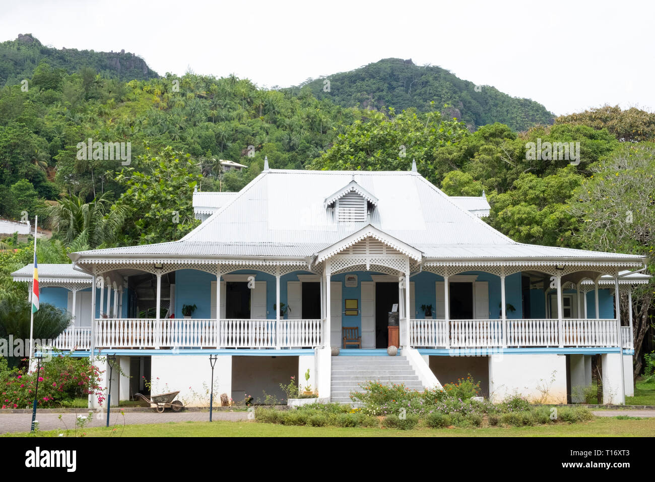 The Plantatation House or Grand Caz at the Domain de Val des Pres, Craft Village on Mahe, the Seychelles Stock Photo