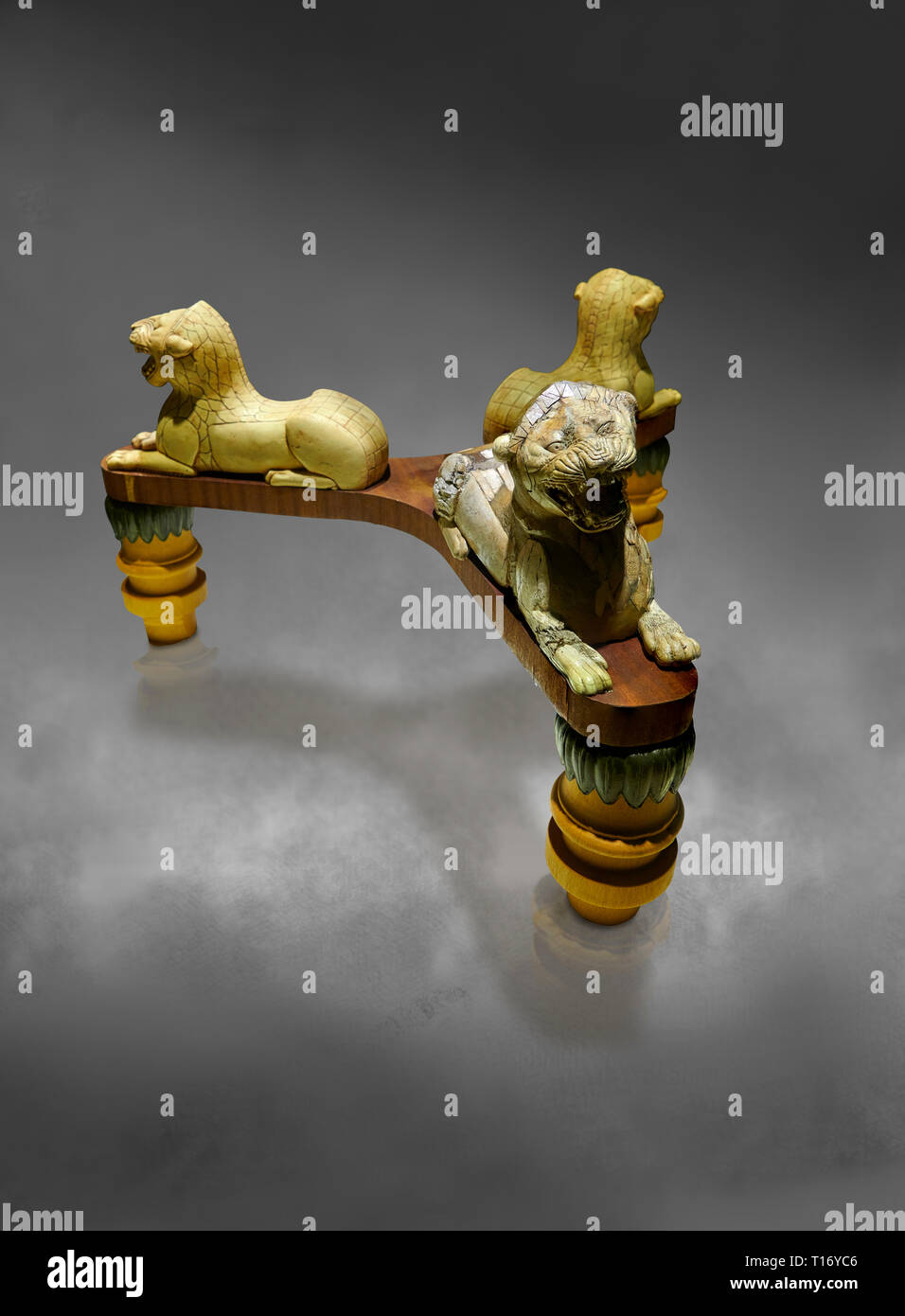 Phrygian table base support decorated with ivory roaring lion statuettes. From Gordion. Phrygian Collection, 8th-7th century BC - Museum of Anatolian  Stock Photo