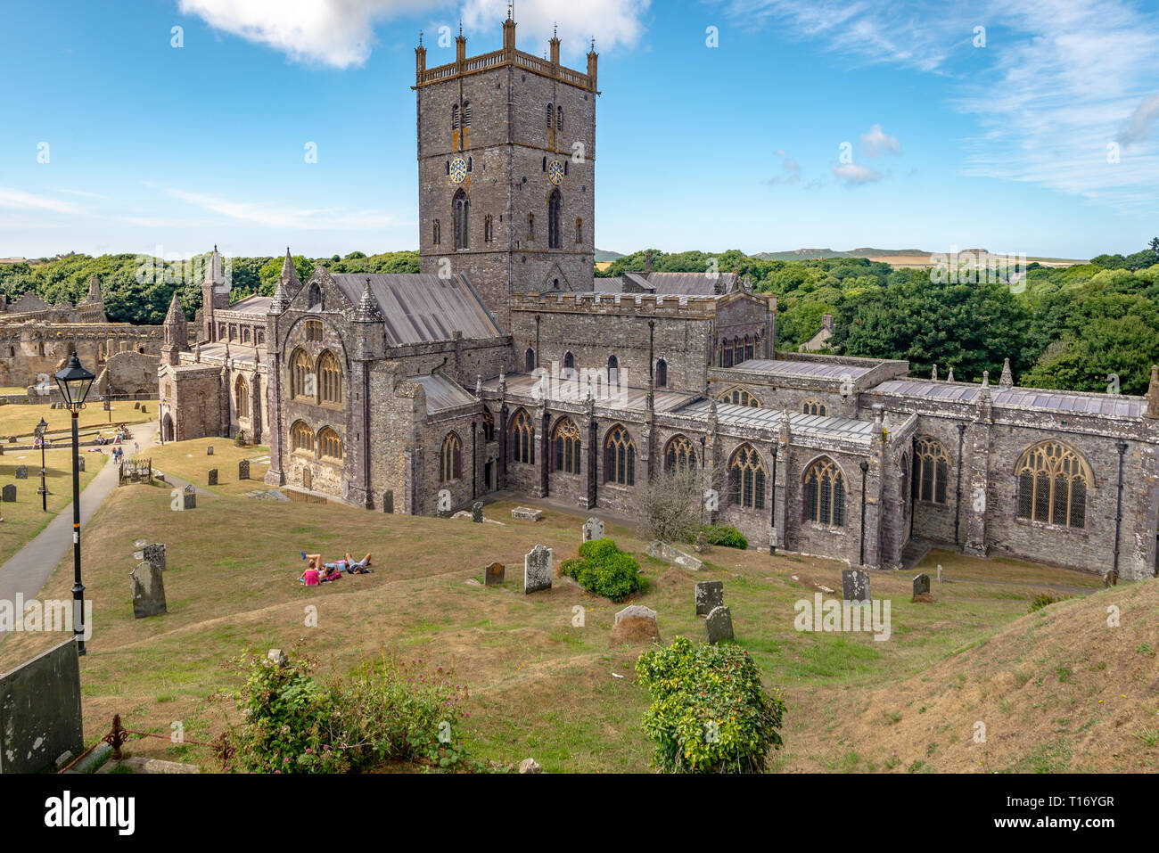 Overview of Saint Davids Cathedral seen from the main entrance, Saint Davids, Wales, United Kingdom Stock Photo