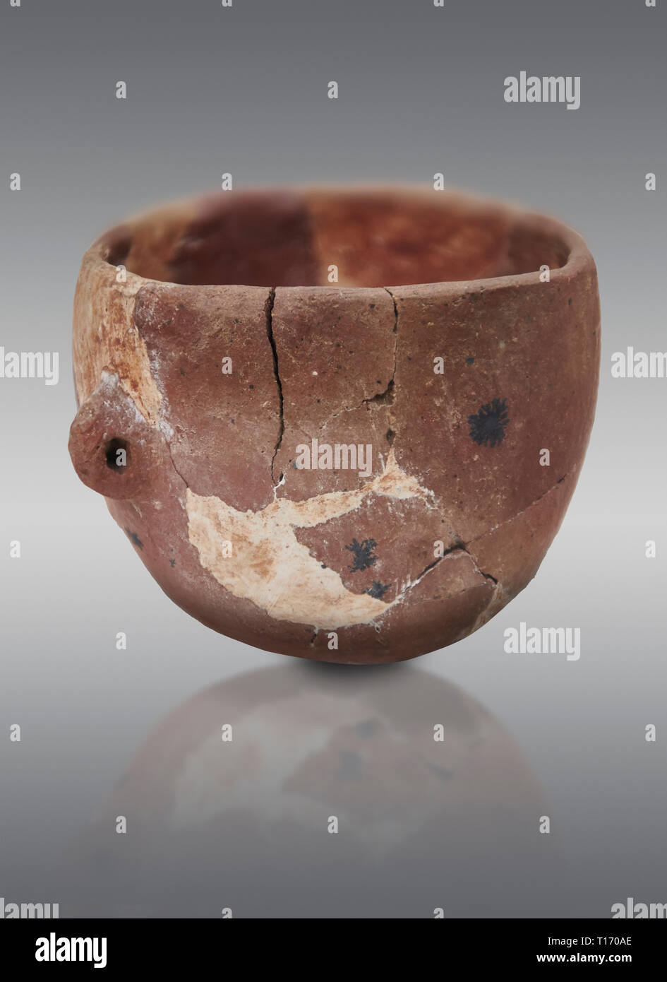 Neolithic terracotta bowl. Catalhoyuk collection, Konya Archaeological Museum, Turkey. Against a gray background Stock Photo