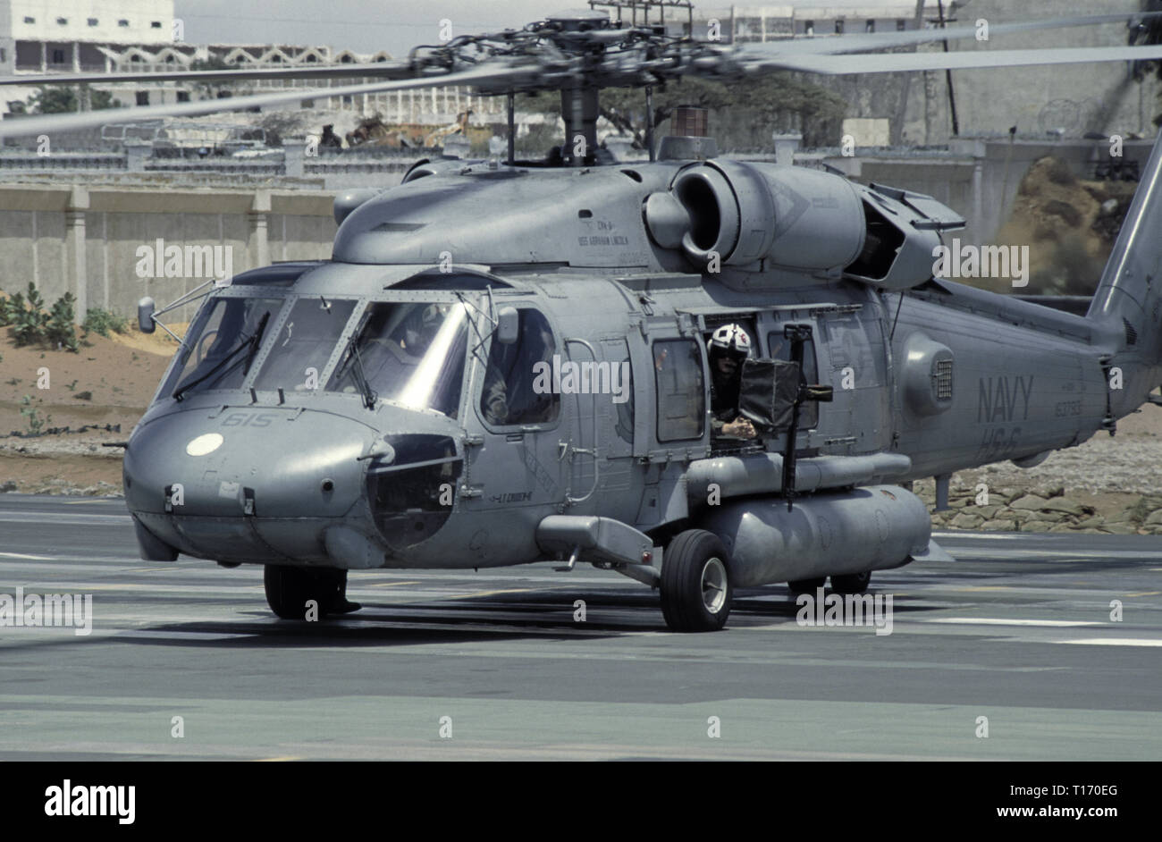 29th October 1993 A U.S. Navy Sikorsky SH-60 Seahawk helicopter from the USS Abraham Lincoln, ready for take-off from UNOSOM HQ in Mogadishu, Somalia. Stock Photo