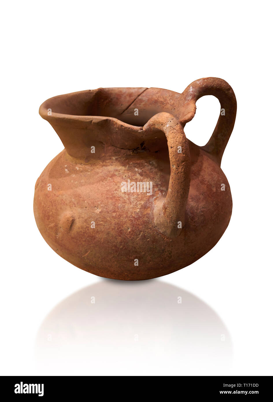Hittite terra cotta two handled pitcher. Hittite Period, 1600 - 1200 BC.  Hattusa Boğazkale. Çorum Archaeological Museum, Corum, Turkey. Against a whi Stock Photo