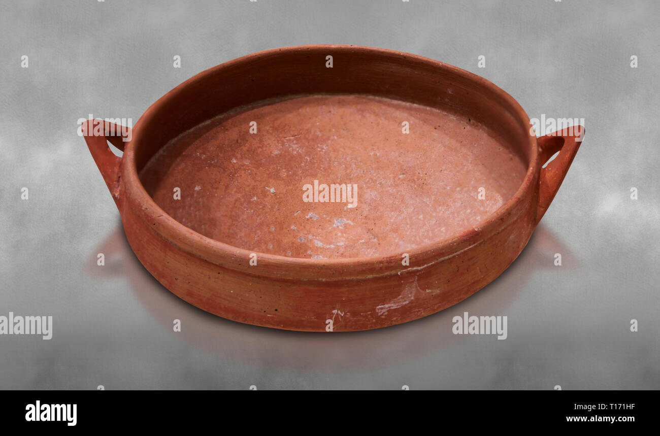 Hittite terra cotta bowl. Hittite Old Period, 1650 - 1450 BC.  Hattusa Boğazkale. Çorum Archaeological Museum, Corum, Turkey. Against a grey bacground Stock Photo
