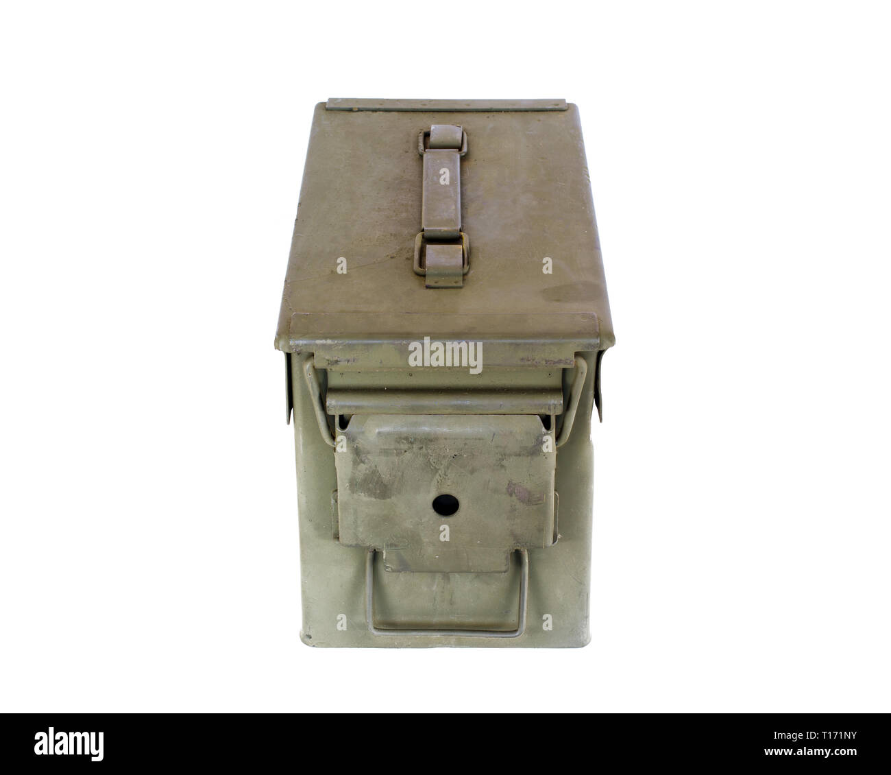 Military green ammunition box isolated on white. Stock Photo
