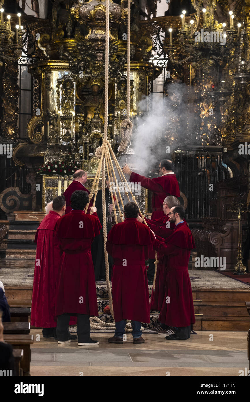 Ritual of swinging the 'Botafumeiro' in the Cathedral of Santiago de Compostela Stock Photo