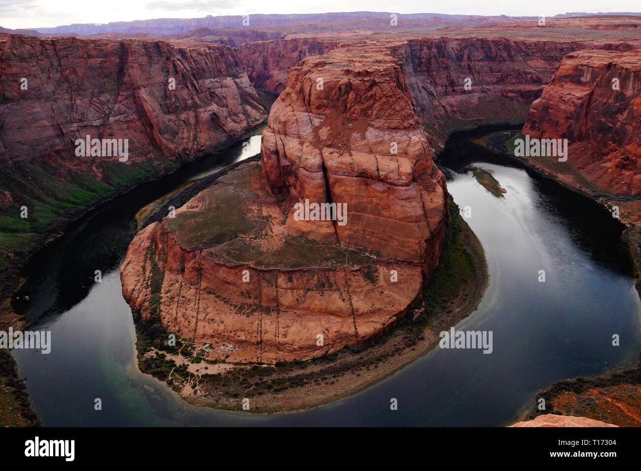 Horseshoe Bend is a horseshoe-shaped incised meander of the Colorado River located near the town of Page, Arizona, in the United States. Stock Photo