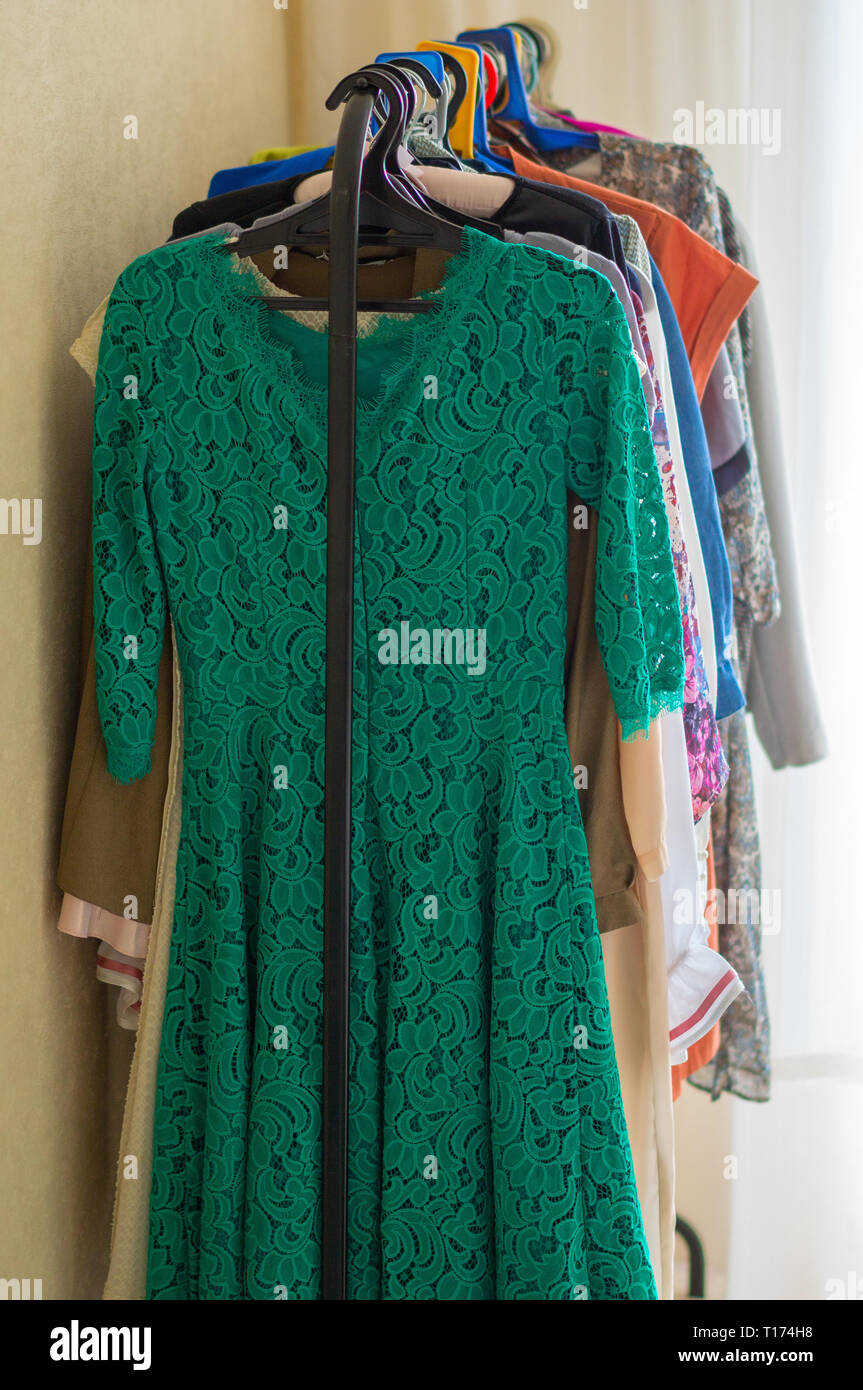 Fashion Clothes On Clothing Rack Bright Colorful Closet Closeup