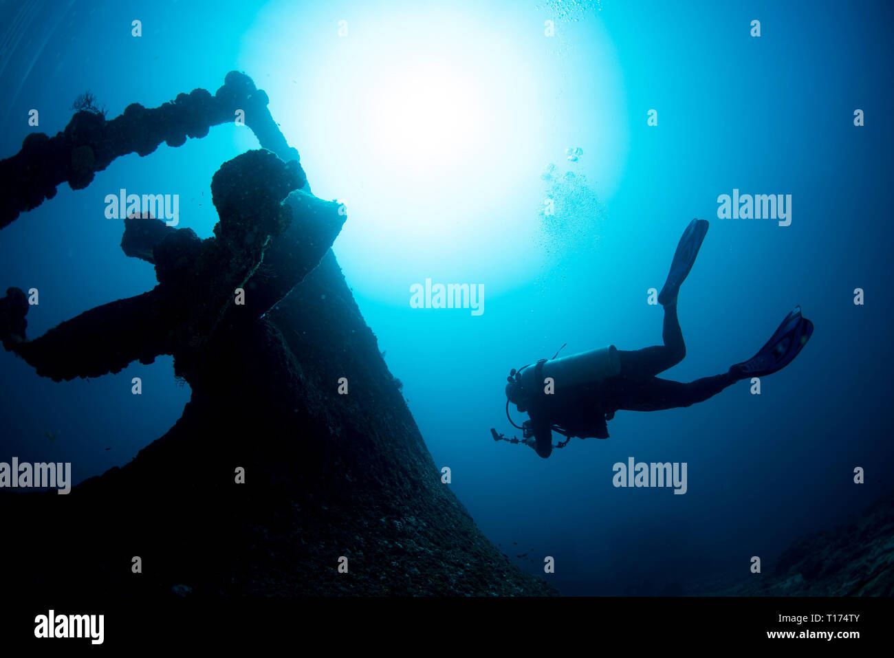 Ship Wreck propeller underwater with scuba diver silhouette while diving Stock Photo Alamy