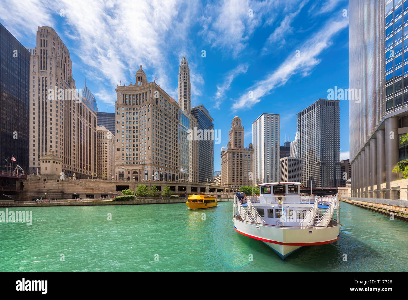 Chicago downtown and Chicago River at summer sunny day, Chicago, Illinois Stock Photo