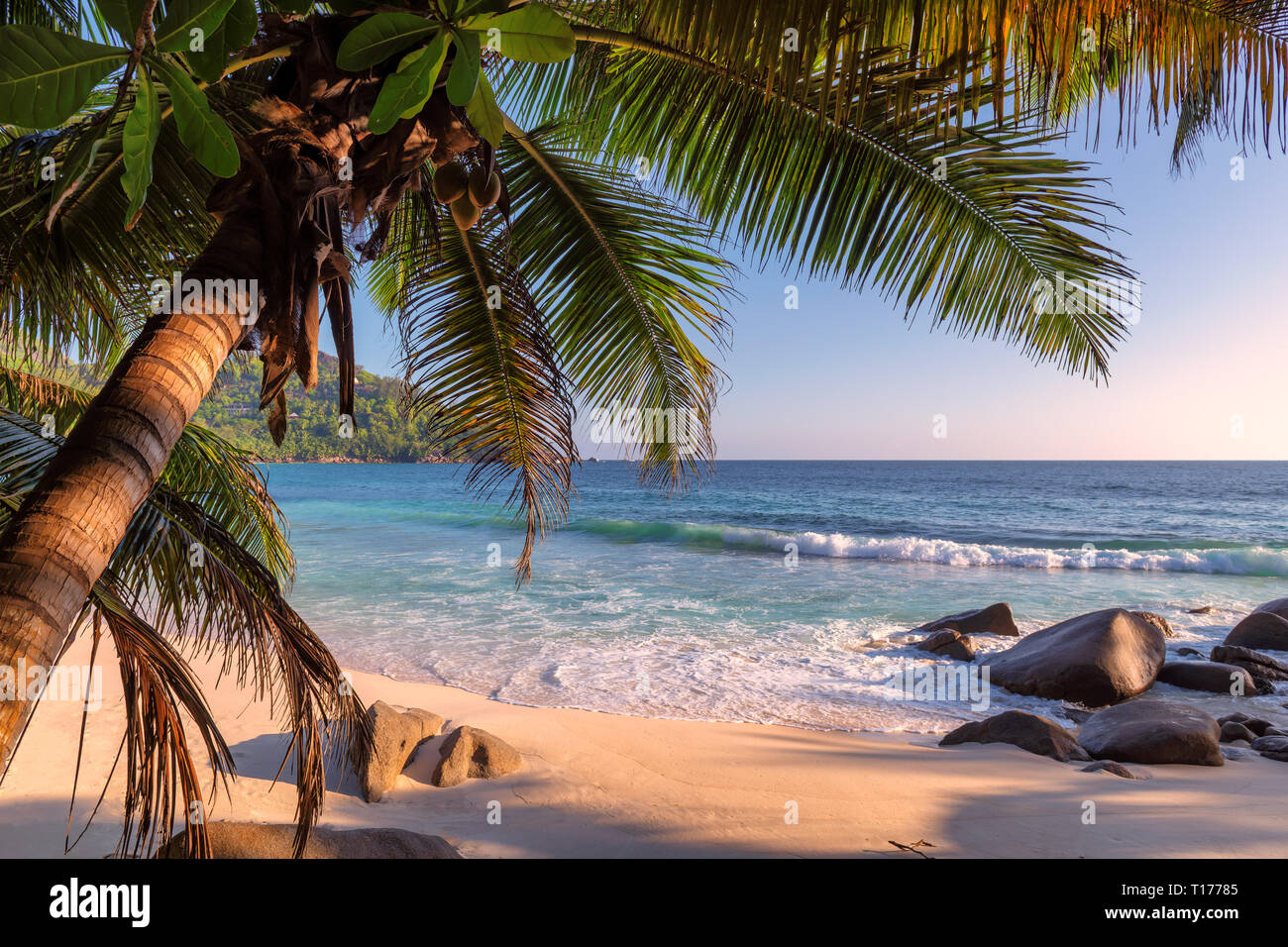 Exotic beach at sunset on tropical island, Seychelles. Stock Photo
