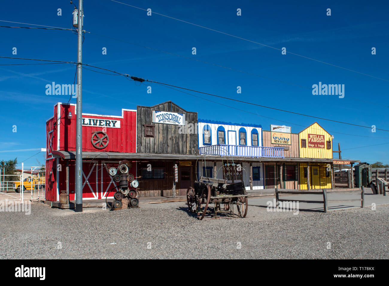 USA, ARIZONA, ROUTE 66,  Facade of the historic depot in Seligman built in 1904. Stock Photo