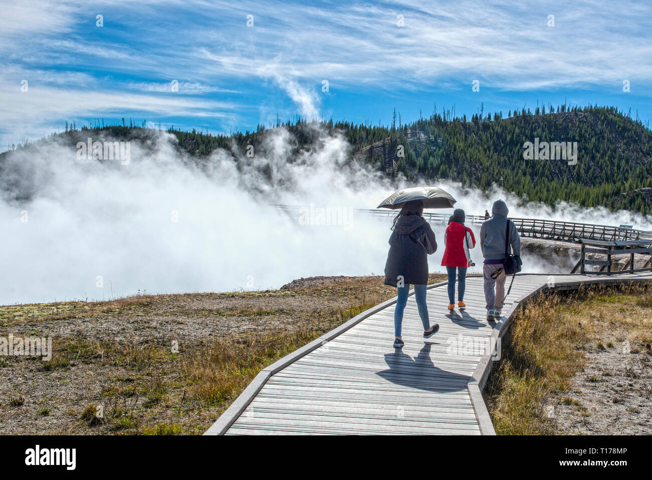 YELLOWSTONE, MONTANA USA, Tourists walk around the Grand Prismatic Spring in Yellowstone National park on a boardwalk surrounded by vapor. This geyser Stock Photo
