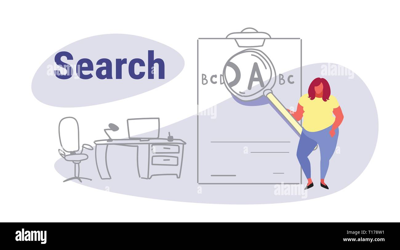 fat obese woman holding magnifying zoom glass letter zooming search concept overweight girl with magnifier loupe workplace office interior full length Stock Vector
