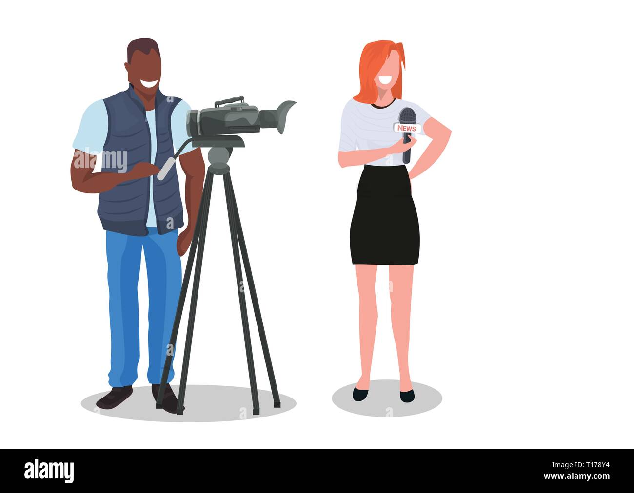 woman journalist with camera man presenting live news operator filming reporter using video camera on tripod movie making concept full length flat Stock Vector