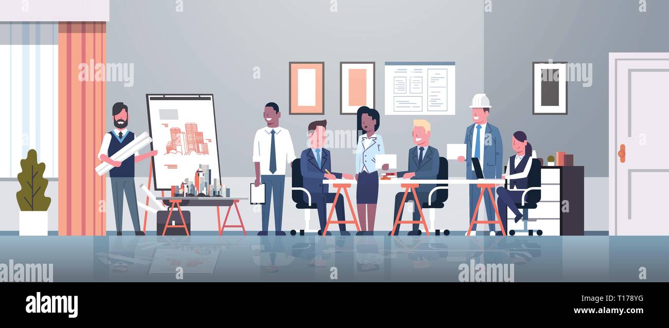 man architect showing drawing building blueprint on easel board to businesspeople engineers group panning project team meeting presentation concept Stock Vector