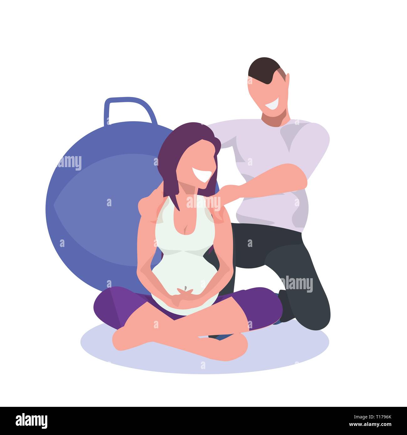 young pregnant woman exercises fitball working out with male personal trainer fitness pregnancy healthy lifestyle concept cartoon characters white Stock Vector