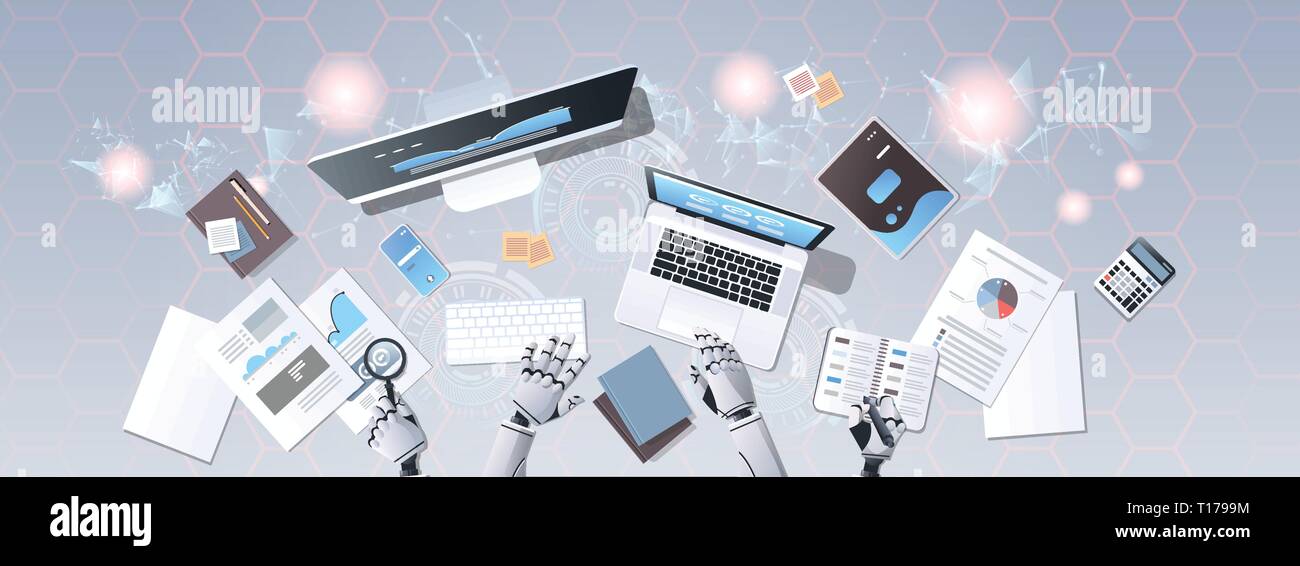 robot hands using digital devices at workplace desk office stuff working process top angle view artificial intelligence technology concept horizontal Stock Vector