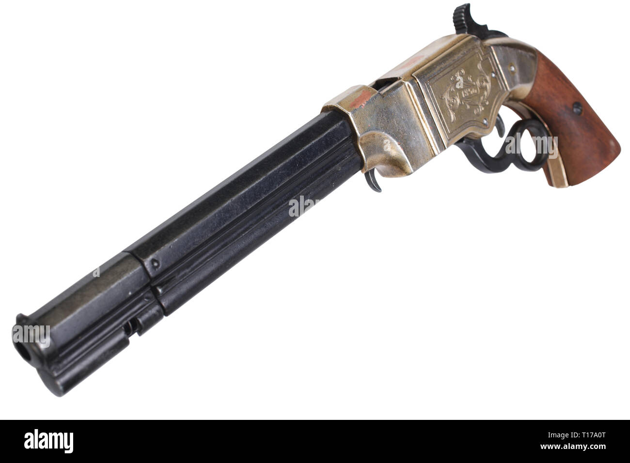 Old vintage weapon - Volcanic Repeating Pistol isolated on white ...
