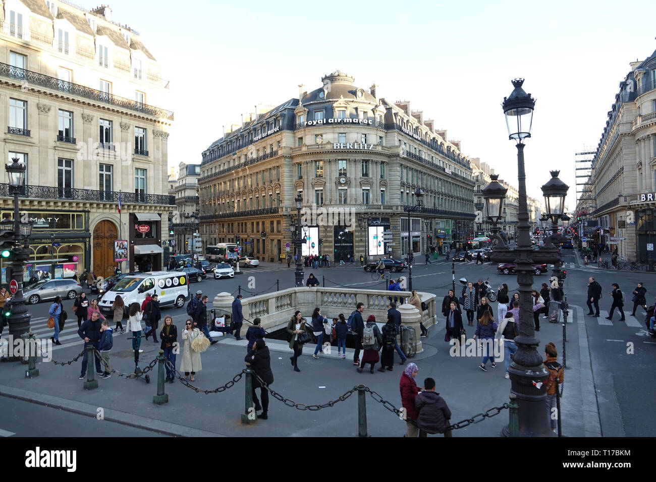 PARIS-FRANCE-FEB 25, 2019: 38, Avenue de l'Opéra - The building includes the Royal Air Maroc Paris ticket office, a branch of BNP Paribas, and offices Stock Photo