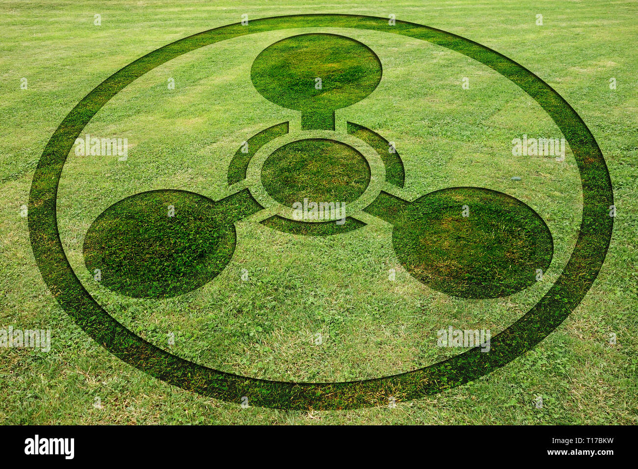 Concentric circles symbols fake crop circle in the meadow Stock Photo