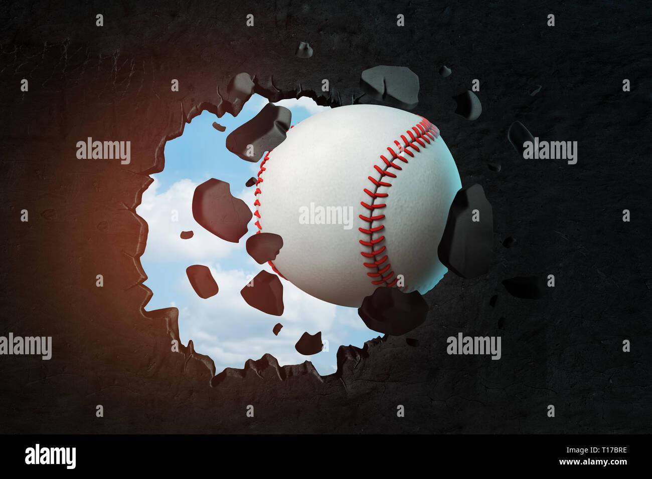 3d rendering of a baseball punching a hole in black wall with blue sky