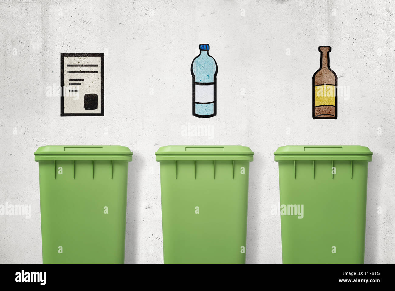 3d rendering of three green trash cans with drawings of paper, plastic and glass on wall above them showing which can is for which type of waste. Stock Photo