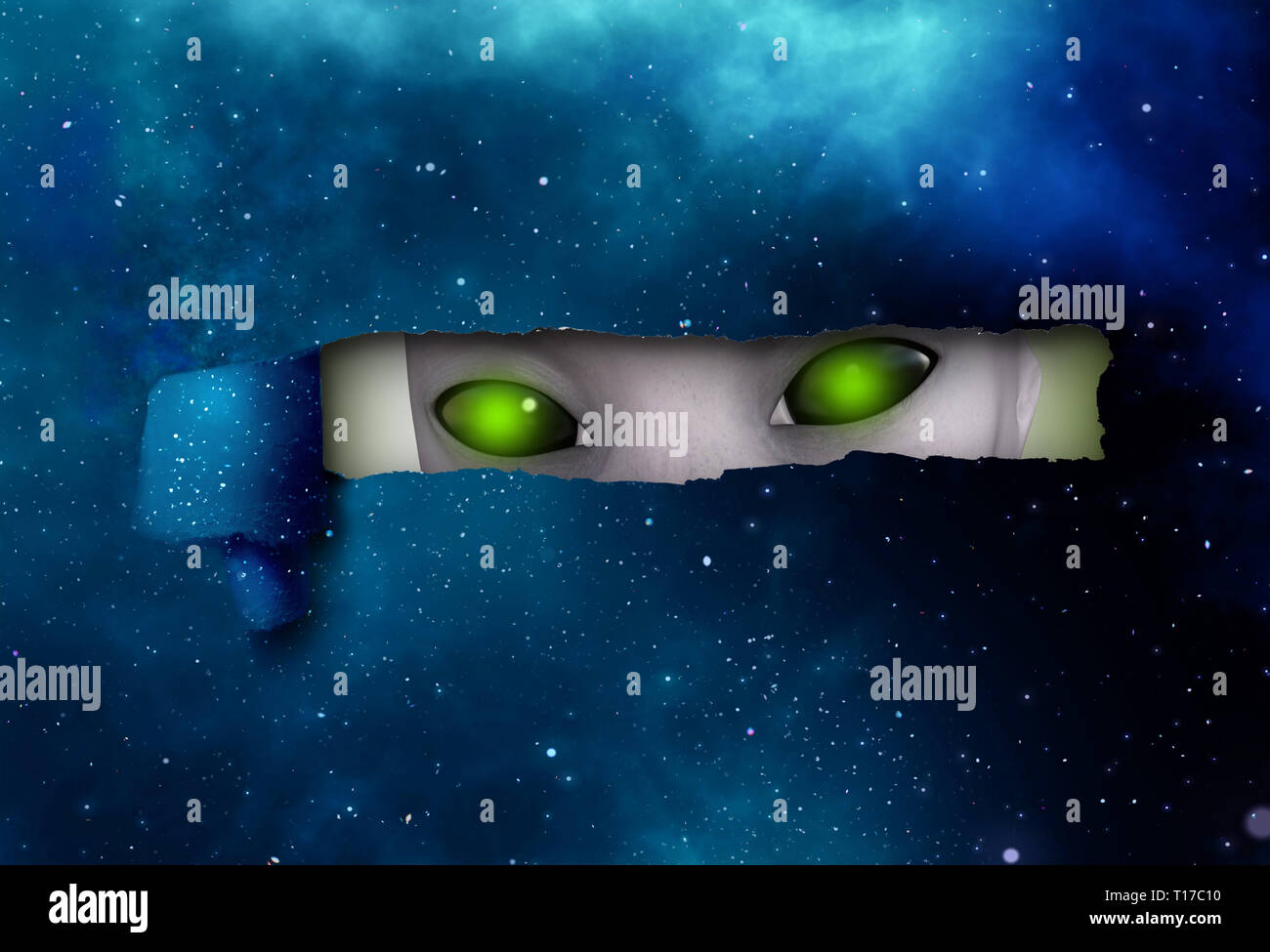 Alien eyes spying behind hole ripped curl piece of universe Stock Photo