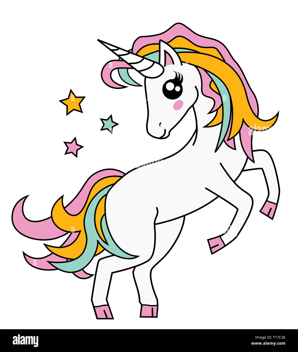 Cute Little Magic Unicorn isolated on white, Vector Illustration. Fairy Tale Character. Fantasy Cartoon Character. Animals And Mythical Creatures. Stock Photo