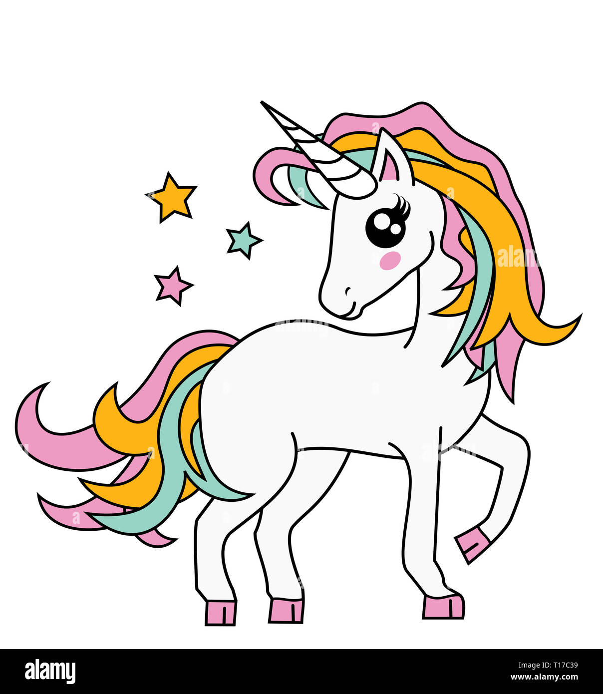 Cute Little Magic Unicorn isolated on white, Vector Illustration. Fairy Tale Character. Fantasy Cartoon Character. Animals And Mythical Creatures. Stock Photo