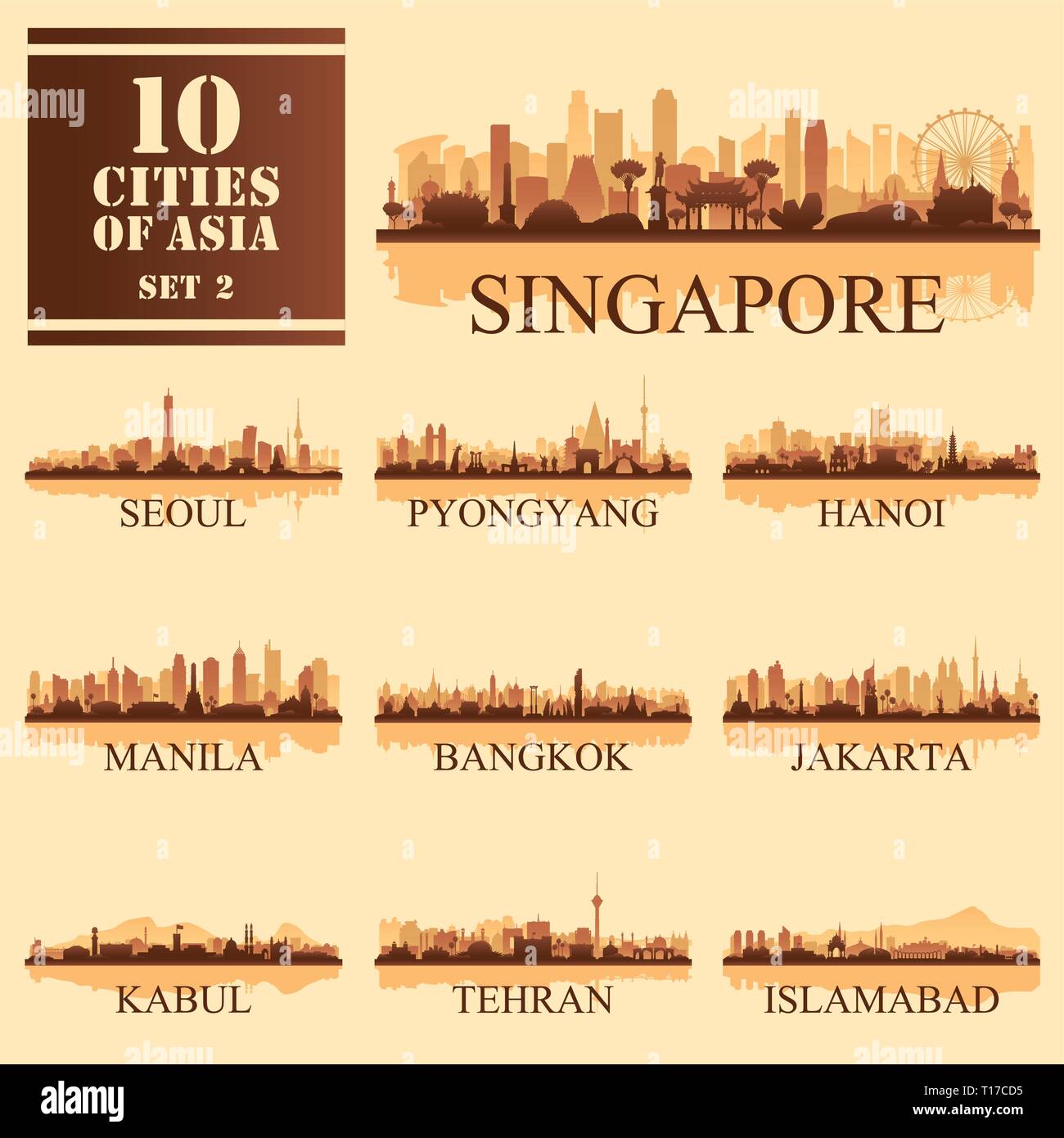 Set of 10 Asian cities, vector illustration Stock Vector