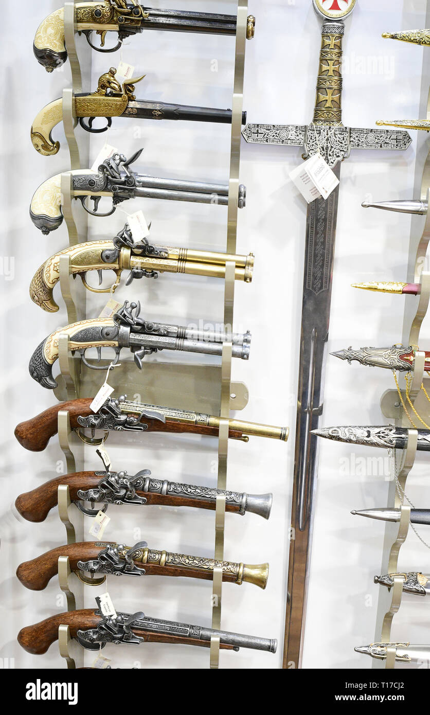 TOLEDO-SPAIN-FEB 20, 2019: A collection of replica pistols for sale at Toledo, Spain. Stock Photo