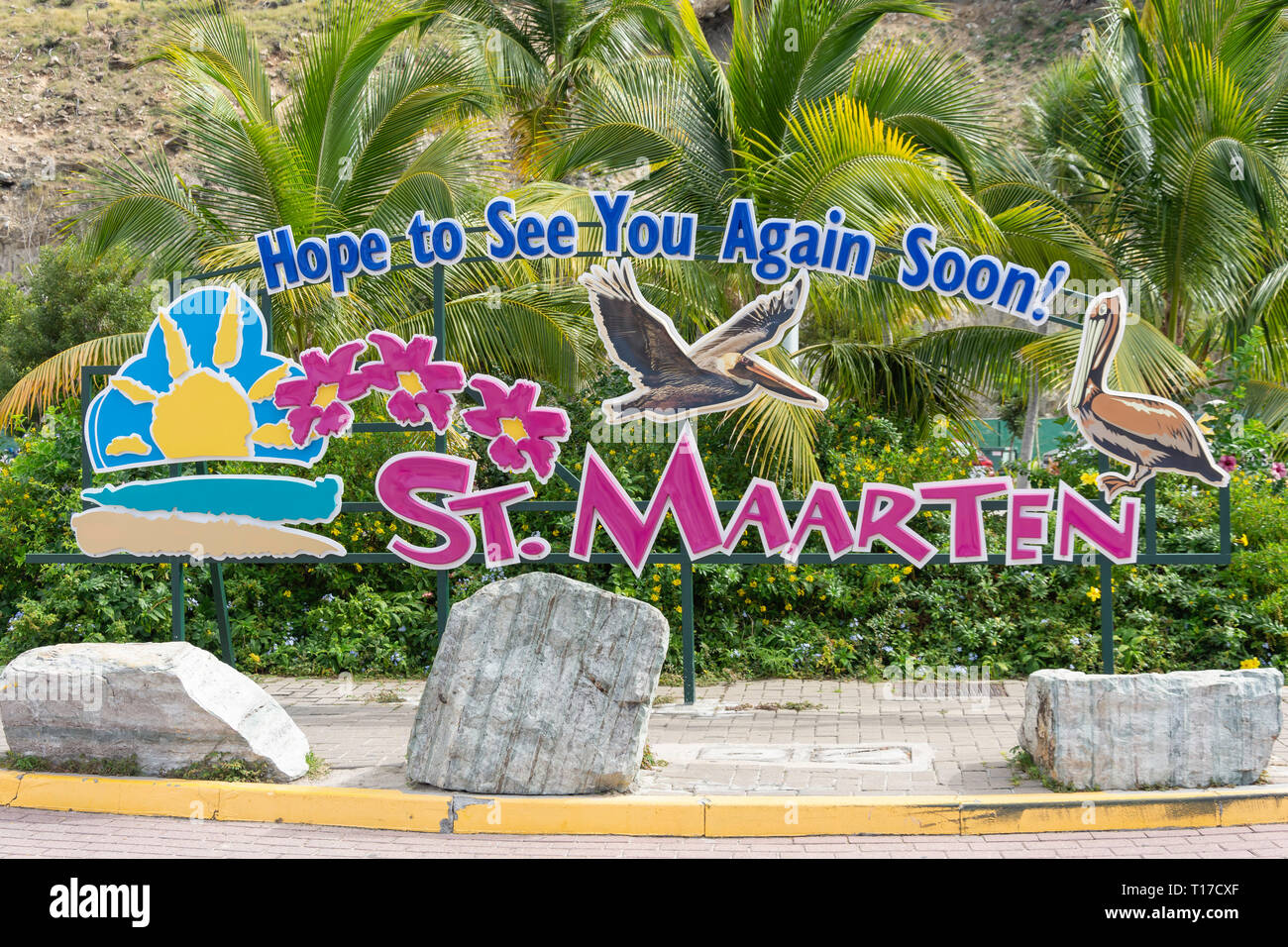 St Maarten farewell / welcome sign at Cruise Terminal, Philipsburg, St Maarten, Saint Martin, Lesser Antilles, Caribbean Stock Photo