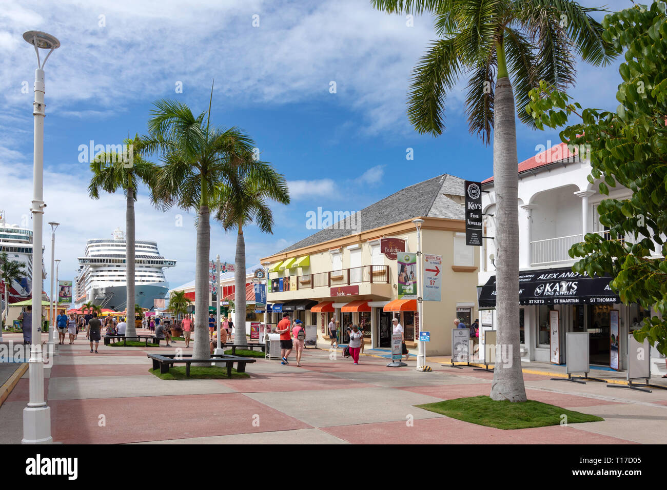 Harbor Point Village shops at cruise port terminal, Philipsburg, St Maarten, Saint Martin, Lesser Antilles, Caribbean Stock Photo