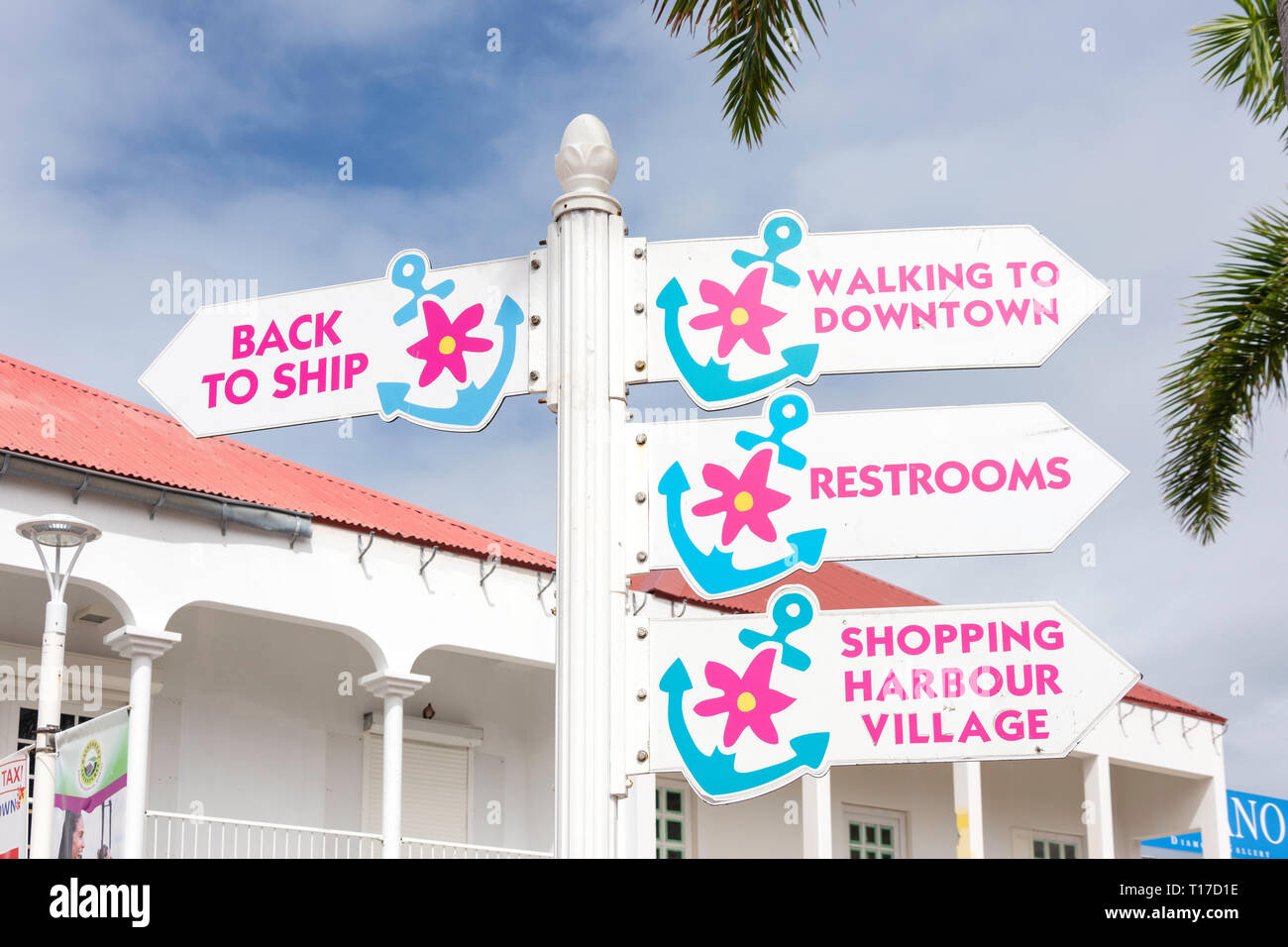 Direction sign at Harbor Point Village cruise port terminal, Philipsburg, St Maarten, Saint Martin, Lesser Antilles, Caribbean Stock Photo