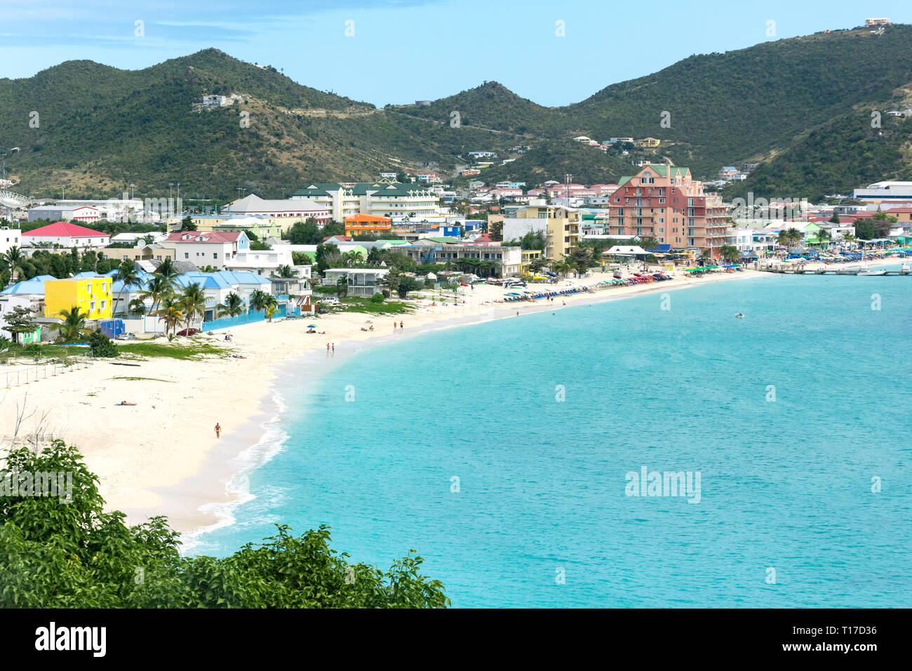 Aerial view of town and beach, Philipsburg, St Maarten, Saint Martin, Lesser Antilles, Caribbean Stock Photo