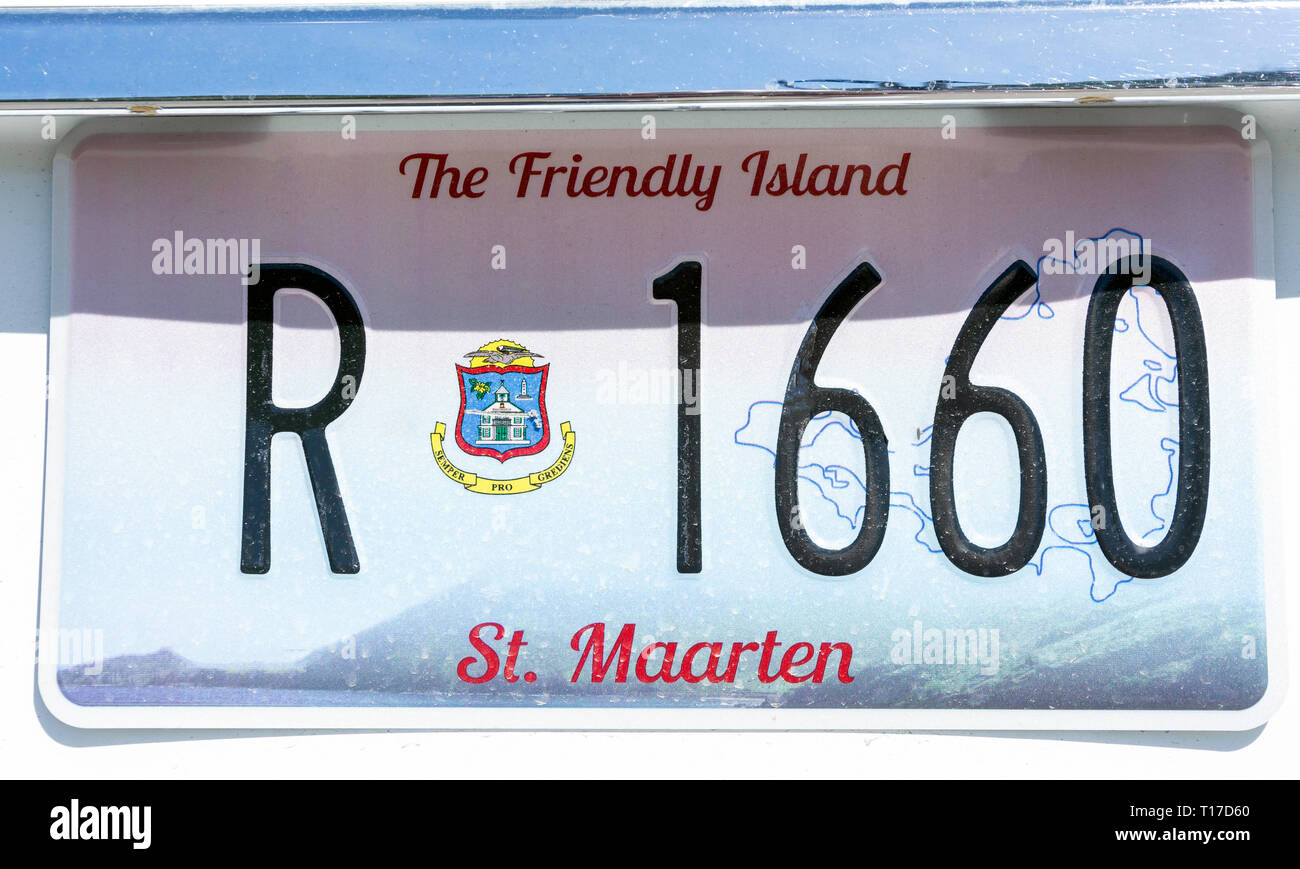 'The Friendly Island' car number plate, Philipsburg, St Maarten, Saint Martin, Lesser Antilles, Caribbean Stock Photo