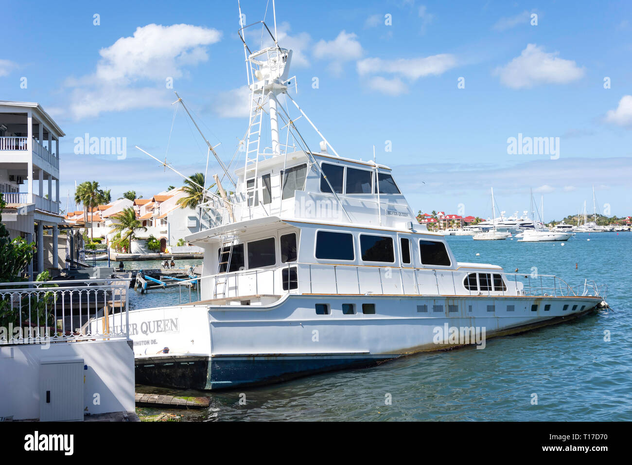 Boat damaged after cyclone,  Simpson Bay Lagoon, St Maarten, Saint Martin, Lesser Antilles, Caribbean Stock Photo