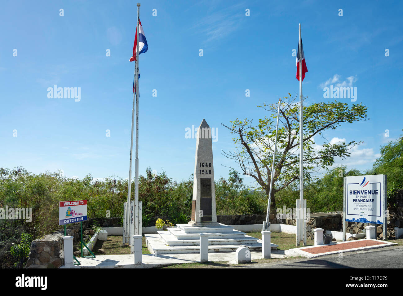 The Border Monument dividing Dutch St Maarten and French Saint Martin, St Maarten, Saint Martin, Lesser Antilles, Caribbean Stock Photo