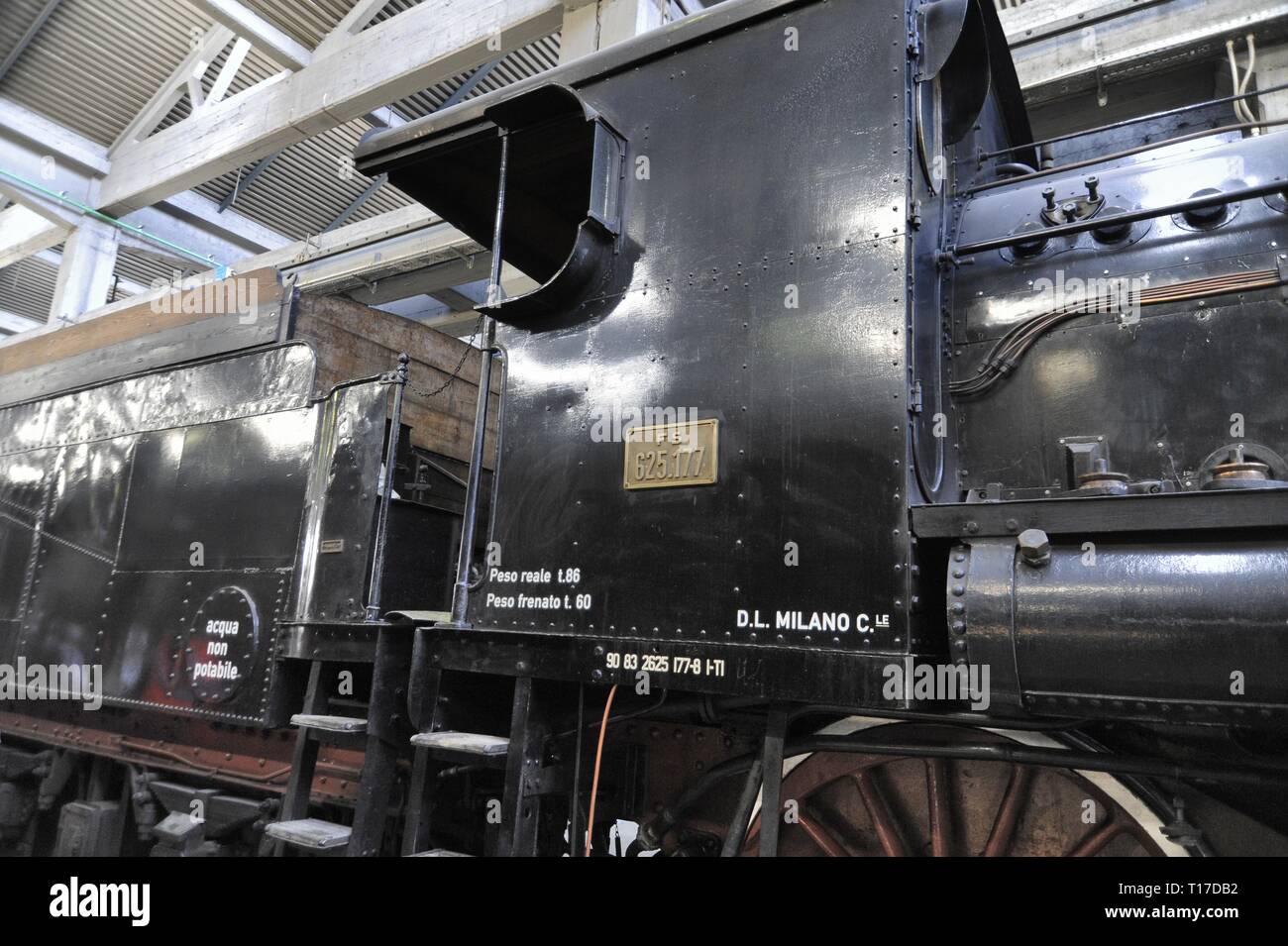 Fondazione FS Italiane, open day at the workshops of the Squadra Rialzo of Milano Centrale station, where historical trains are preserved and restored, on the occasion of the FAI Spring Days. Steam locomotive FS 625 Stock Photo