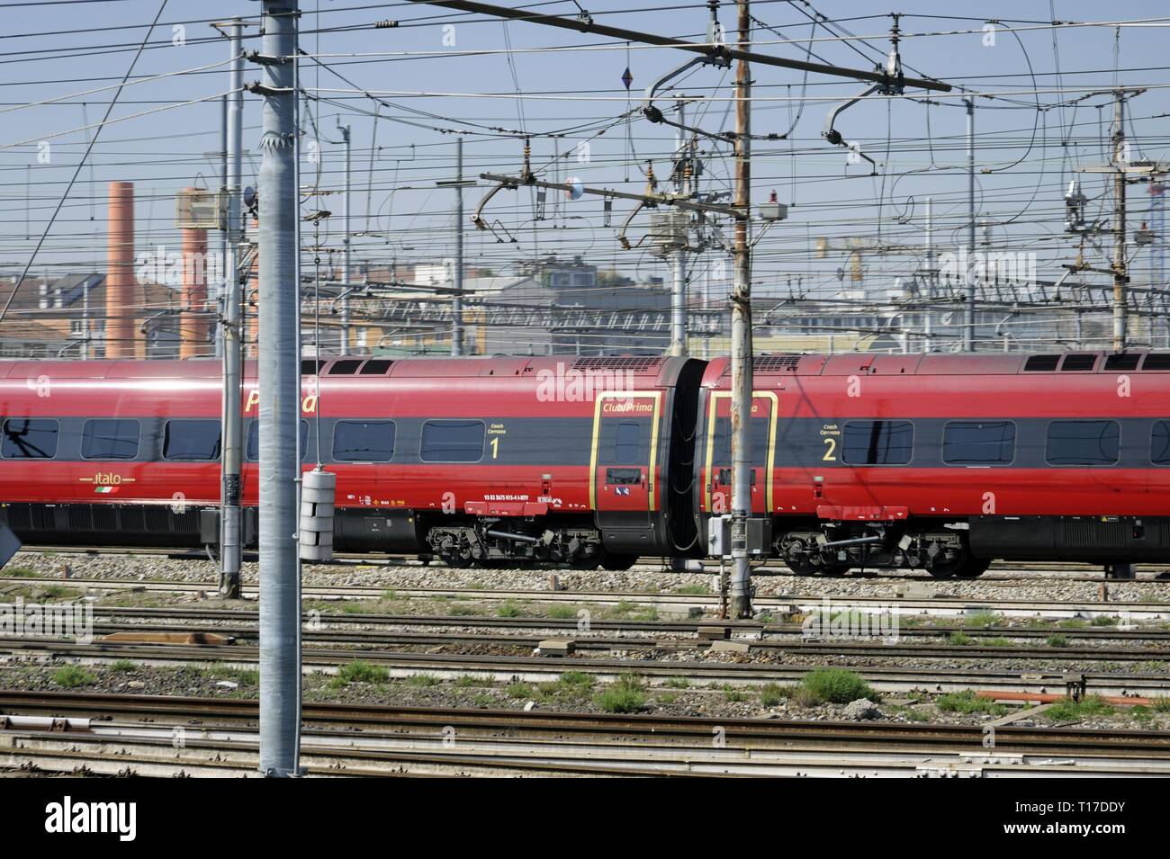 Milan (Italy), Central Station railway yard, Italo train of private company NTV Stock Photo