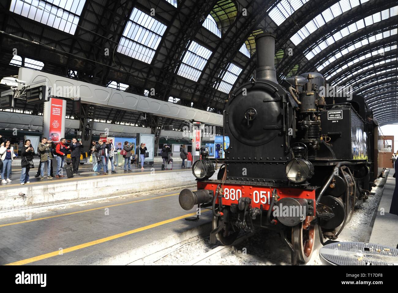Italy, foundation FS Italiane, open day at the workshops of the 'Squadra Rialzo' of Milano Centrale station, where historical trains are preserved and restored, on the occasion of the FAI Spring Days. Steam locomotive 880 Stock Photo