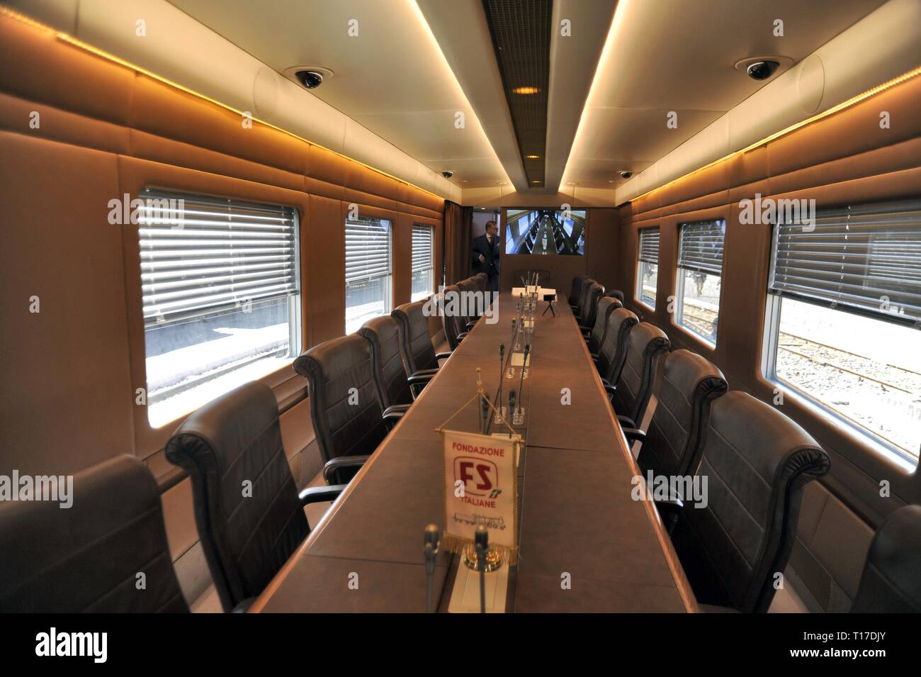 Fondazione FS Italiane, open day at the workshops of the Squadra Rialzo of Milano Centrale station, where historical trains are preserved and restored, on the occasion of the FAI Spring Days. Luxurious interior of the Press & Conference car Stock Photo