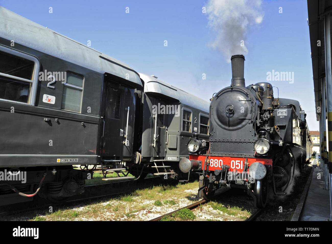Italy, foundation FS Italiane, open day at the workshops of the 'Squadra Rialzo' of Milano Centrale station, where historical trains are preserved and restored, on the occasion of the FAI Spring Days. Steam locomotive 880 Stock Photo