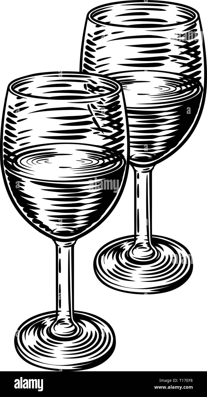 Wine Glasses Vintage Woodcut Etching Style Stock Vector