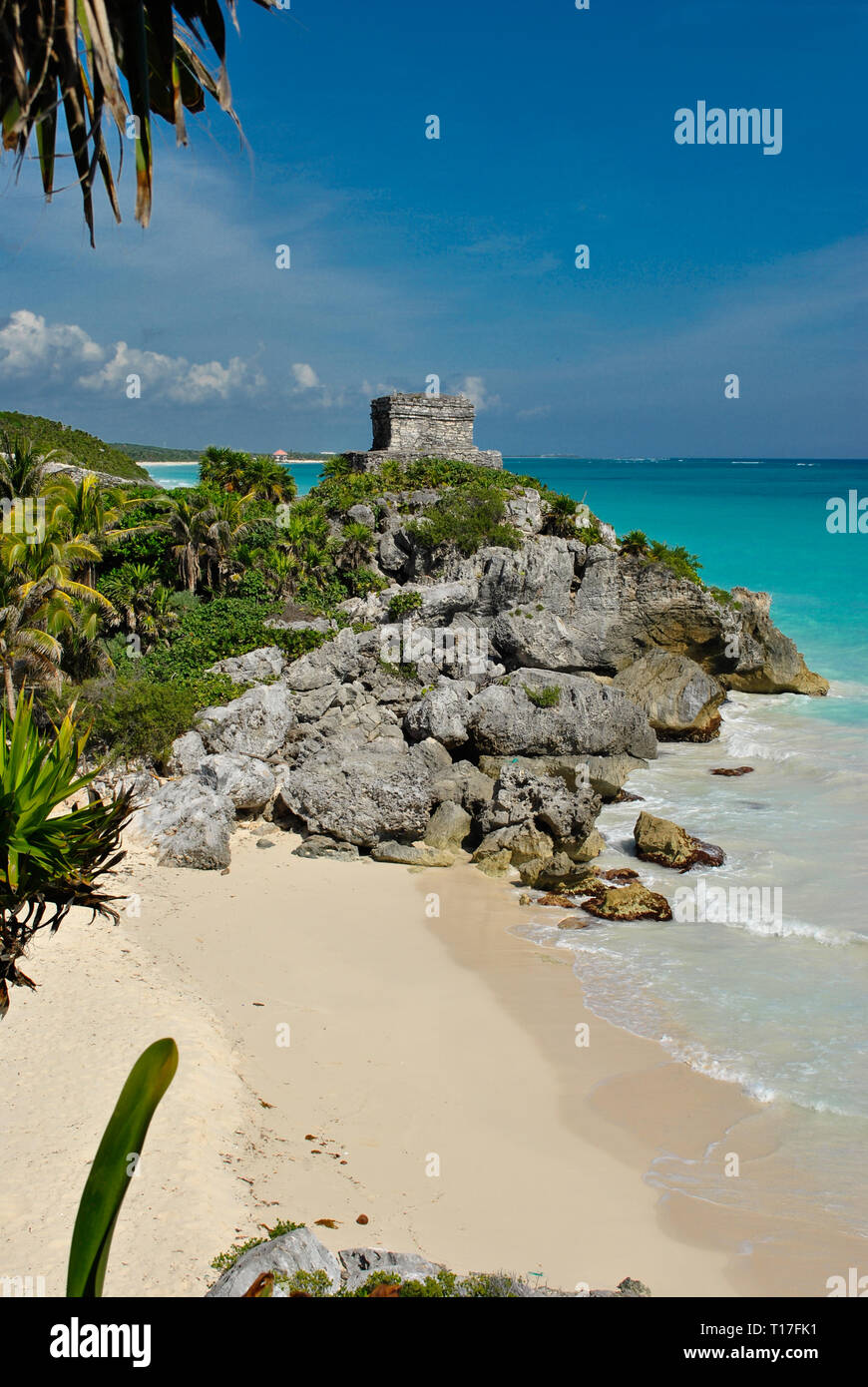 Mayan Temple of the Wind God, perched on a rocky cliff, Tulum, Mexico Stock Photo